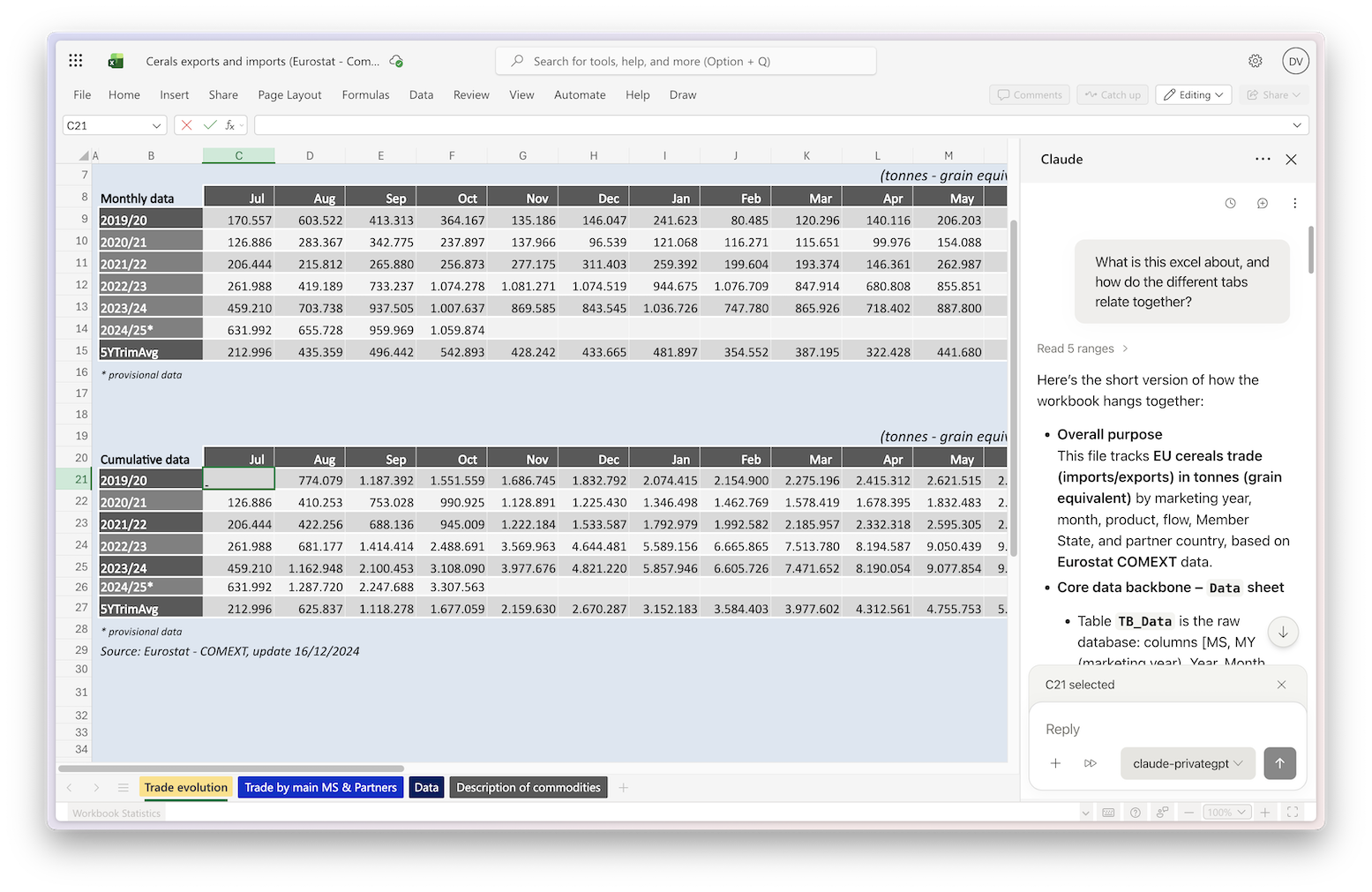 ms excel claude
