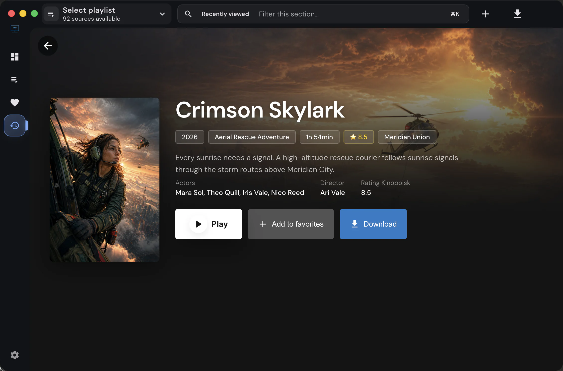 VOD details with playback and download actions