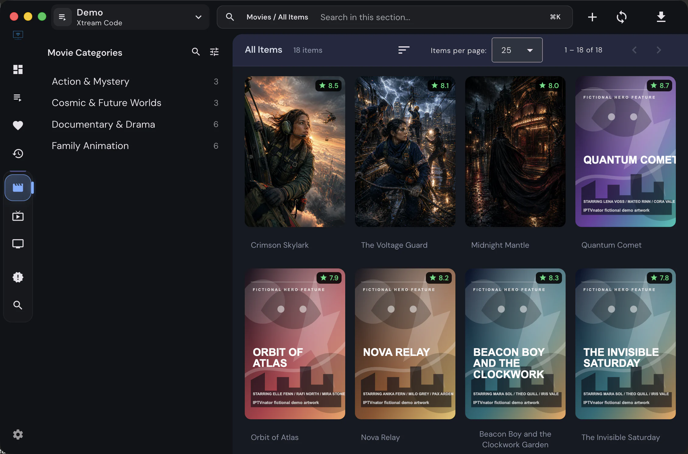 Movie category grid with sorting and pagination