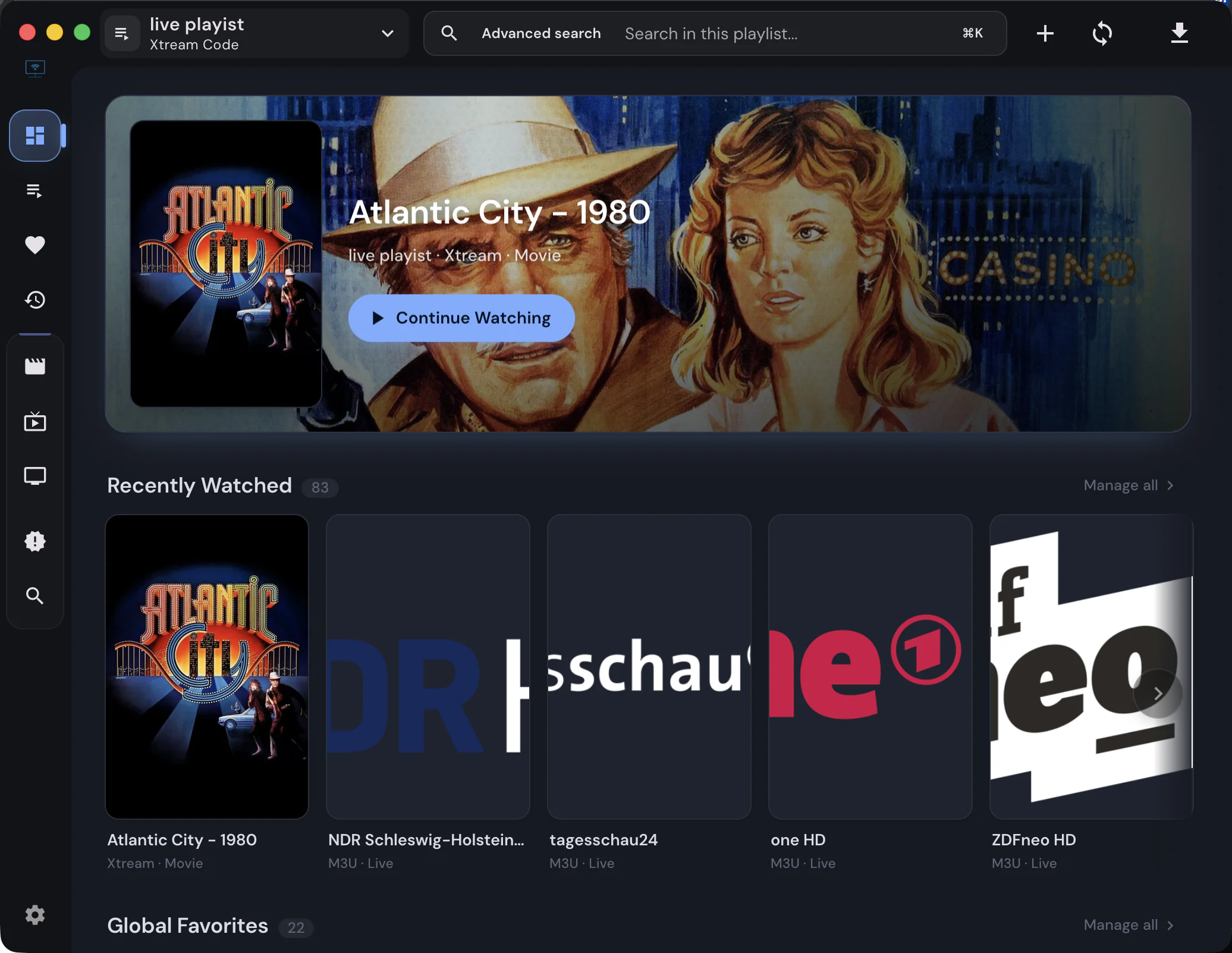 Dashboard with recently watched content