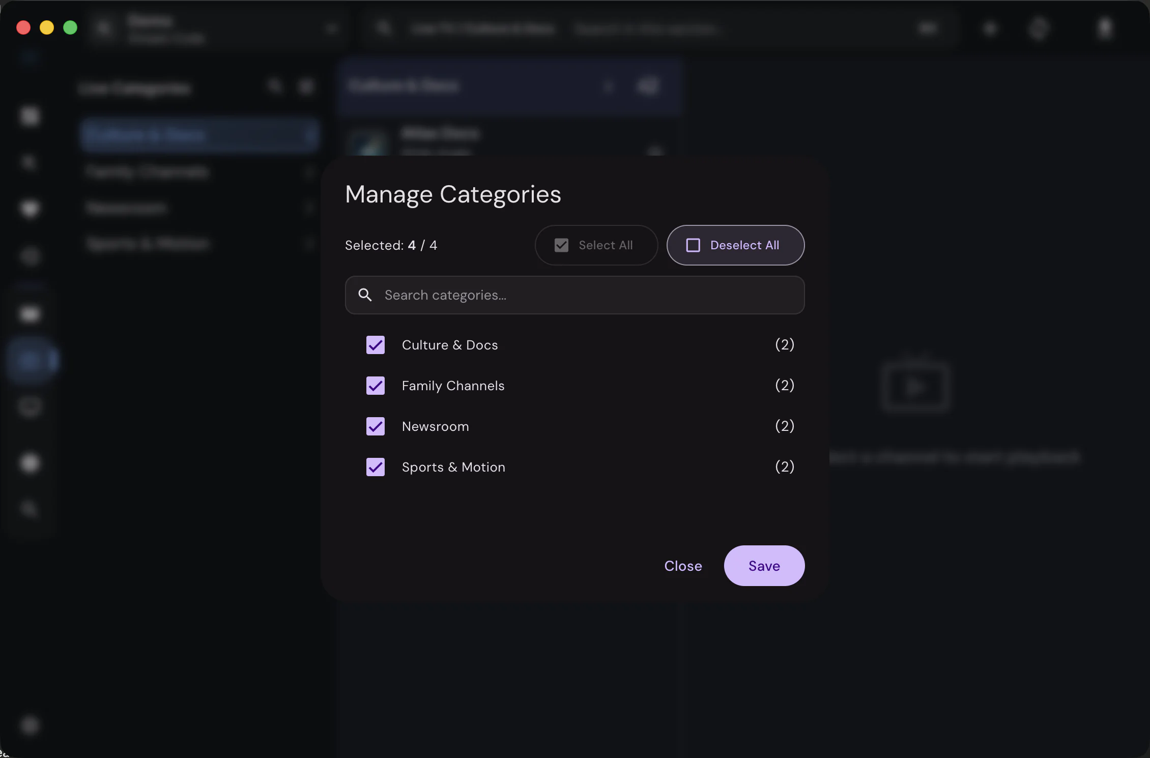 Manage visible live categories