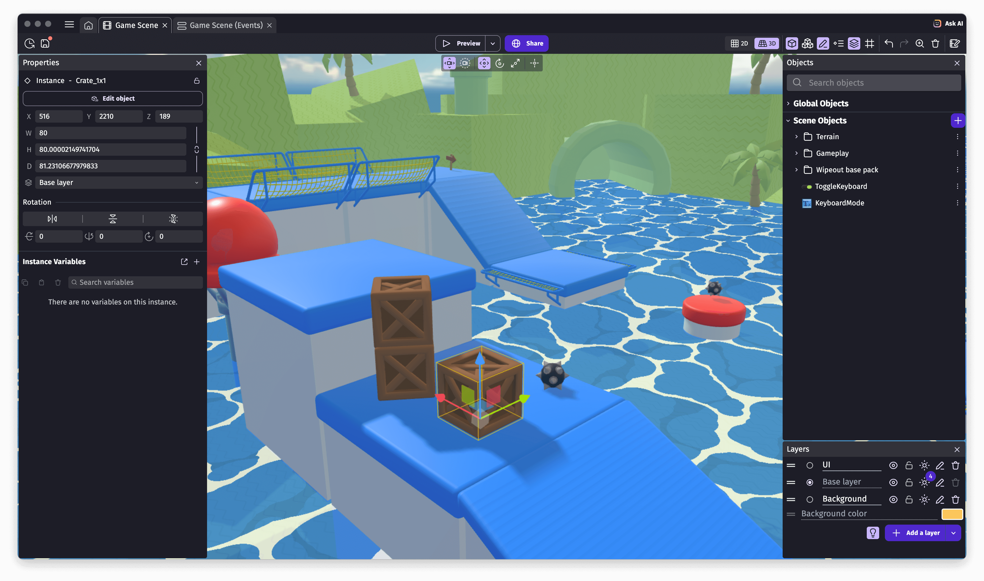 The GDevelop editor when editing a game level