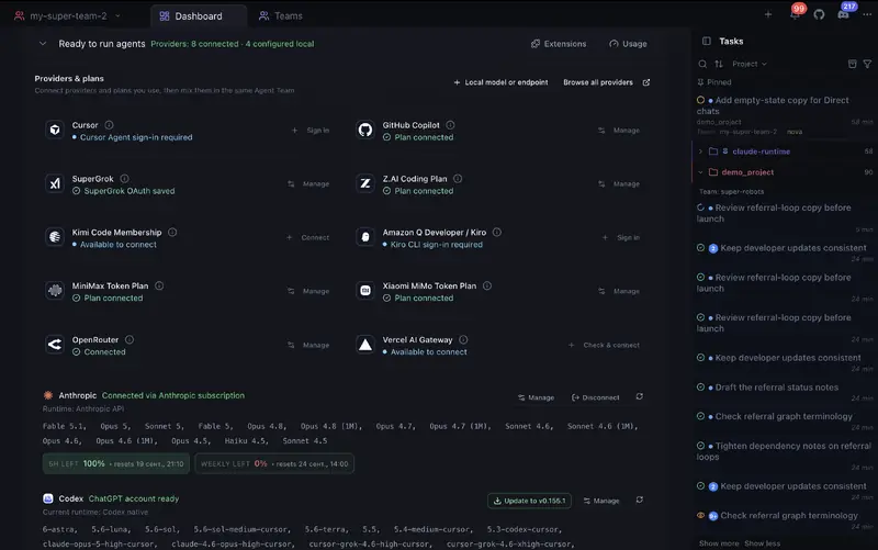 Connected AI coding providers and subscription limits