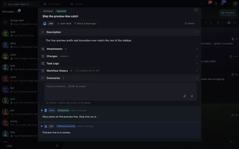 Task details, attachments, and execution logs